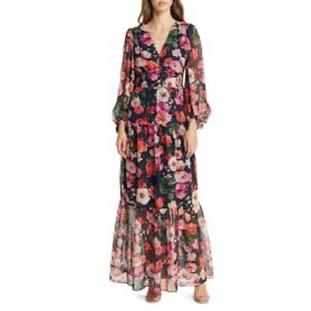 Eliza J Metallic Clip Dot Floral Navy Chiffon Fit Flare Maxi Dress Womens Size 8